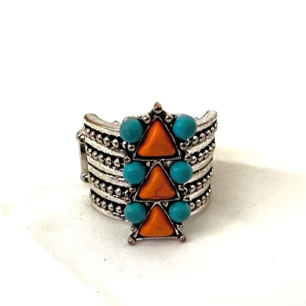 Blue and orange silver tone stretchy ring